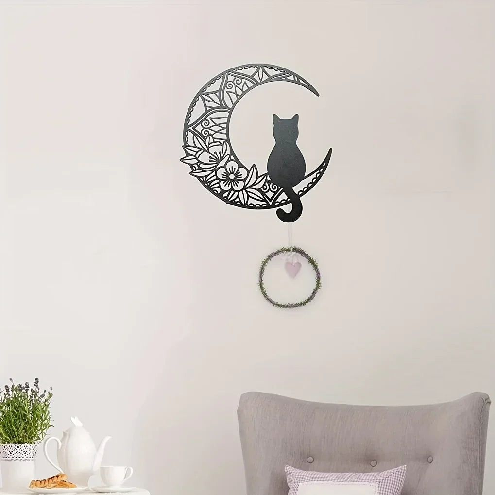 Black Cat on the Moon Metal Wall Art, Floral Crescent Decor