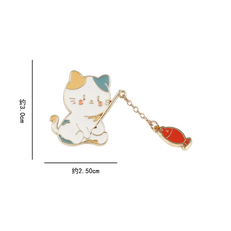 Cat Fishing Enamel Pin with Dangling Fish Charm, Cute Cat Brooch