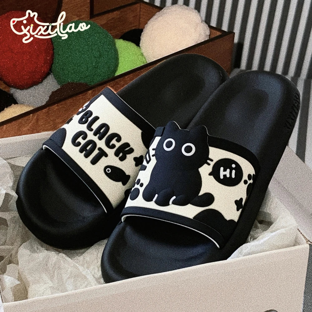 Black Cat Shower Slides for Women, Thick Cushioned EVA Sole