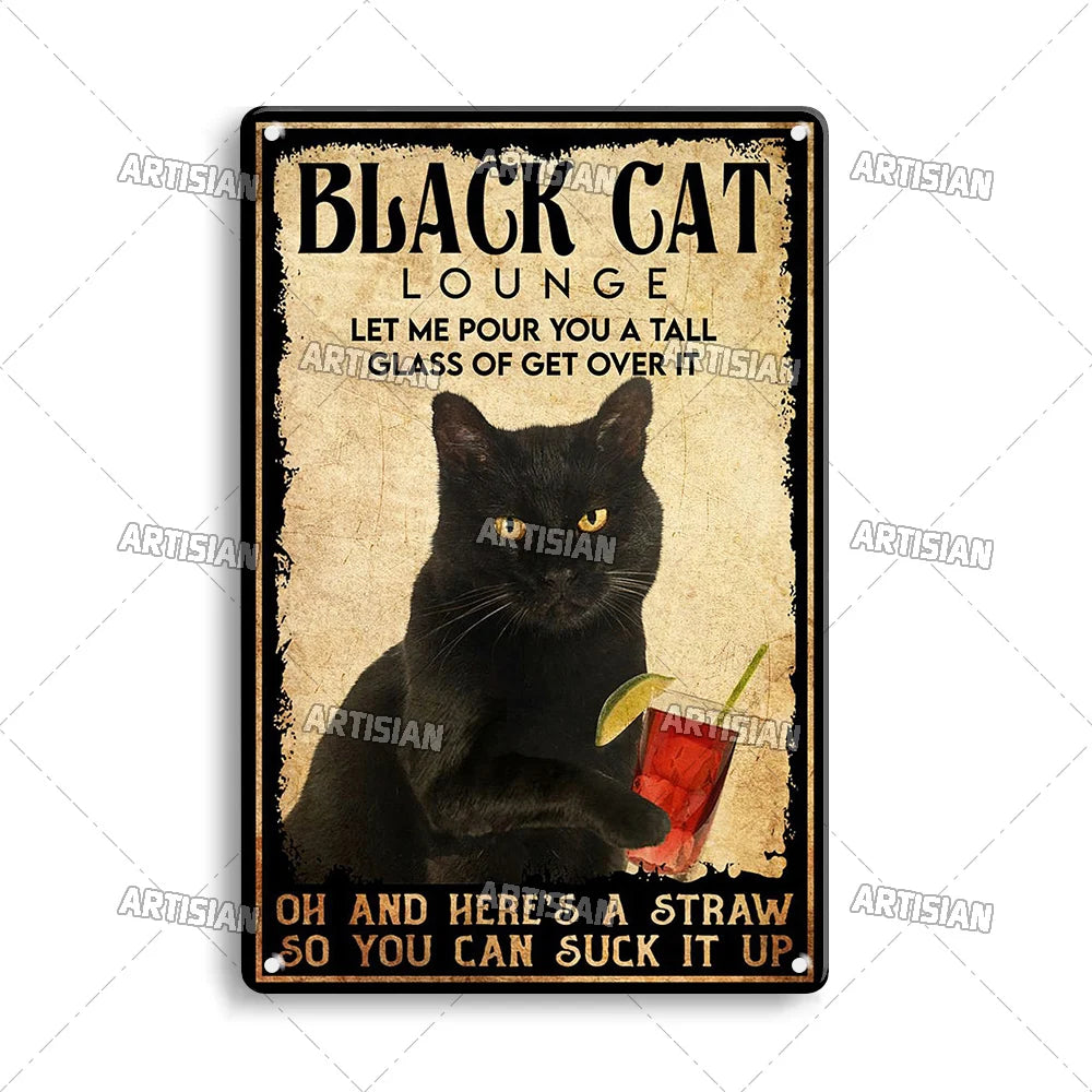Black Cat Vintage Tin Plate, Horizontal Retro Wall Sign Gift