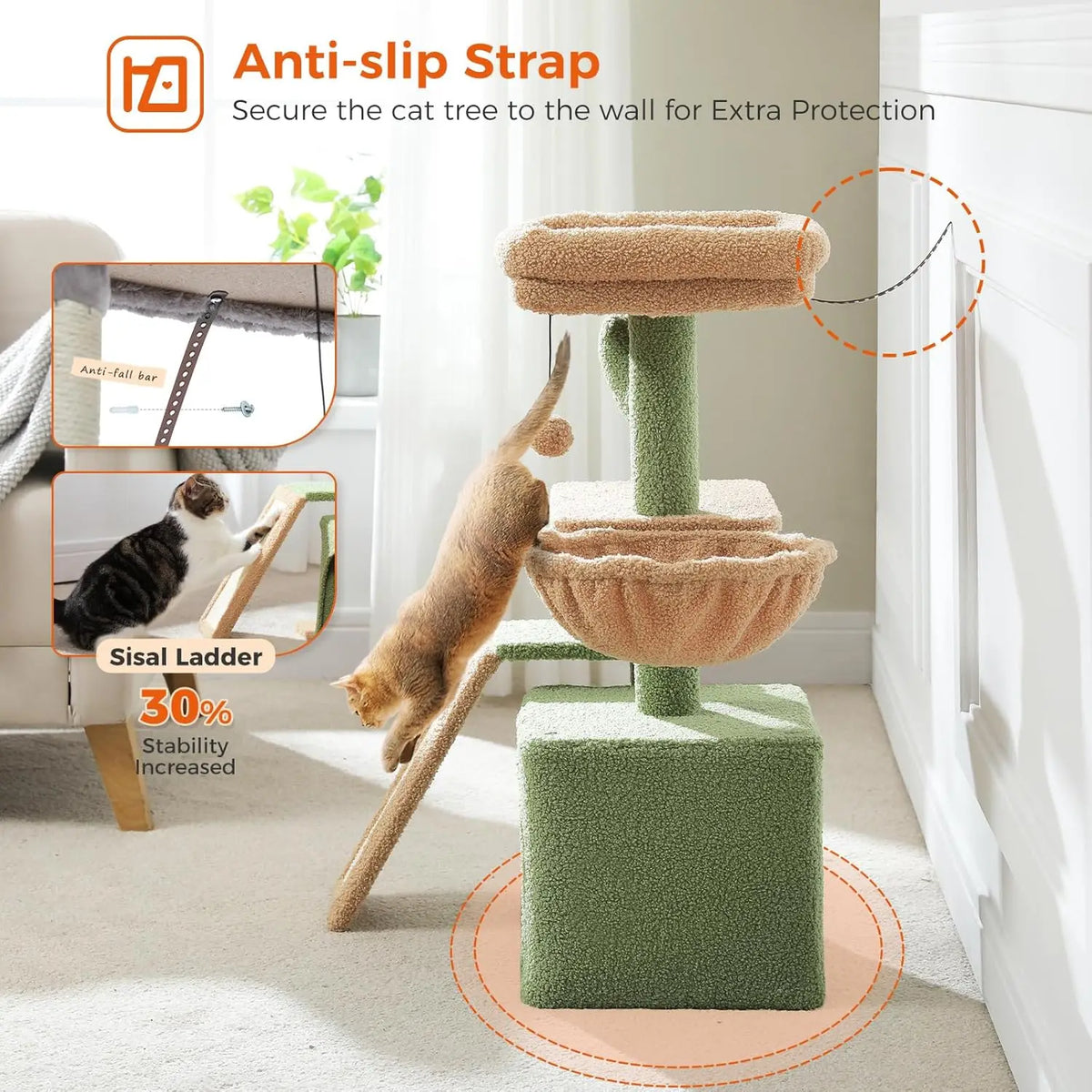 Green Cactus Cat Tree with Hammock and Scratching Ramp