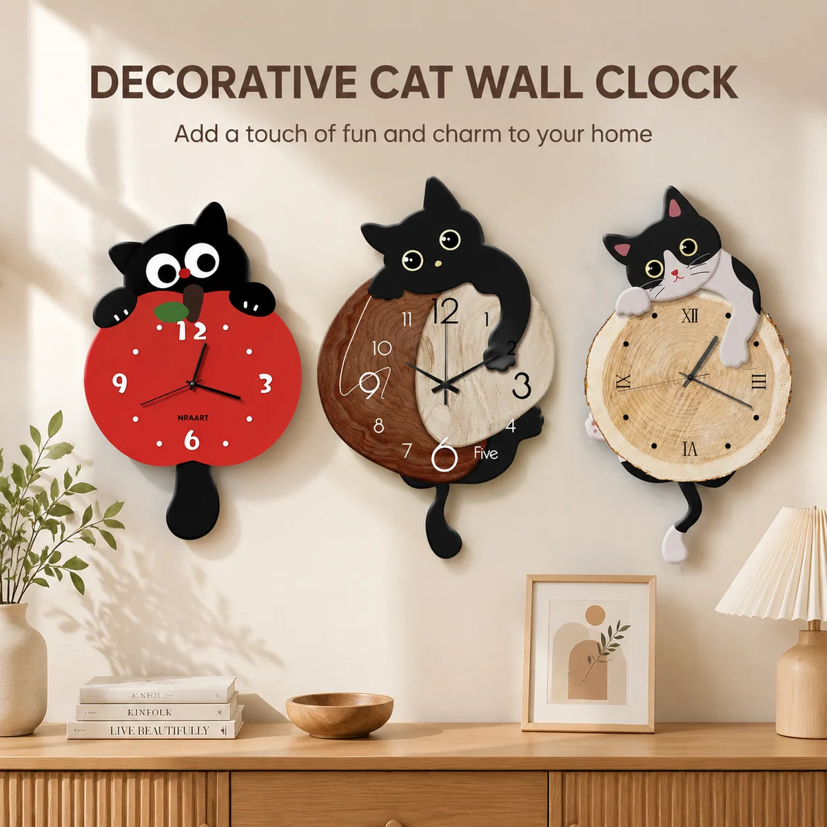 Cartoon Cat Wall Clock With Swinging Tail, 5 Fun Cat Designs