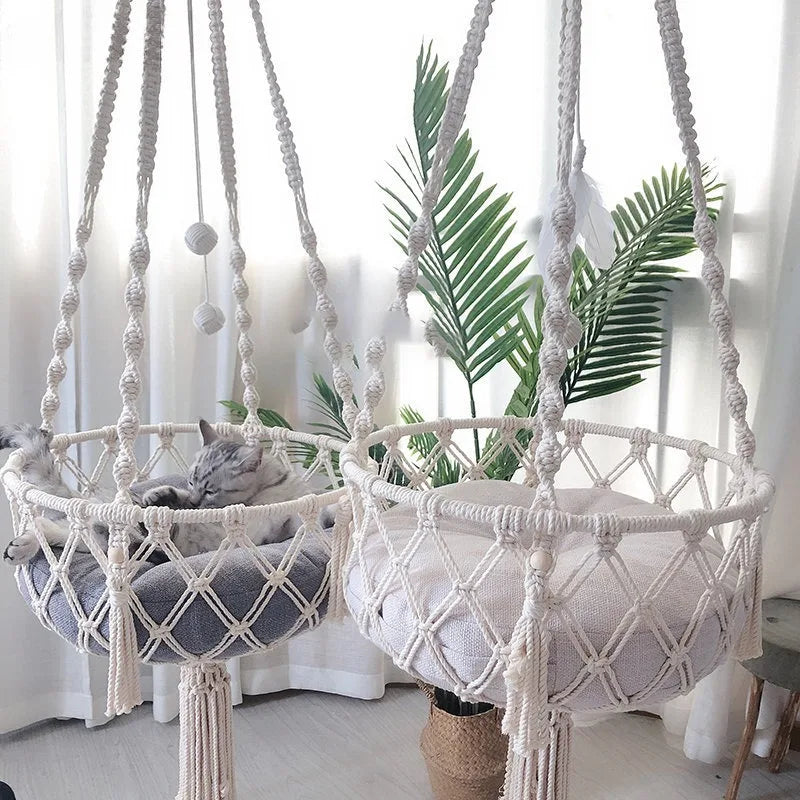 Handwoven Cotton Rope Cat Hammock Swing with Cushion