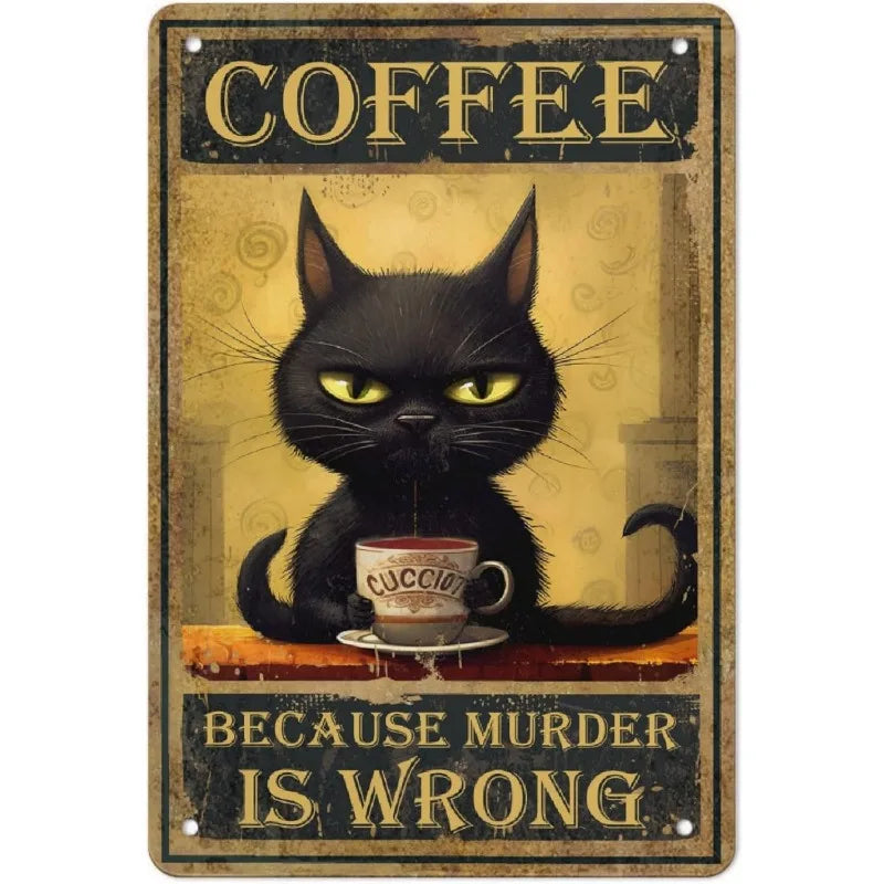 Coffee Cat Tin Sign, Retro Metal Kitchen and Cafe Wall Decor