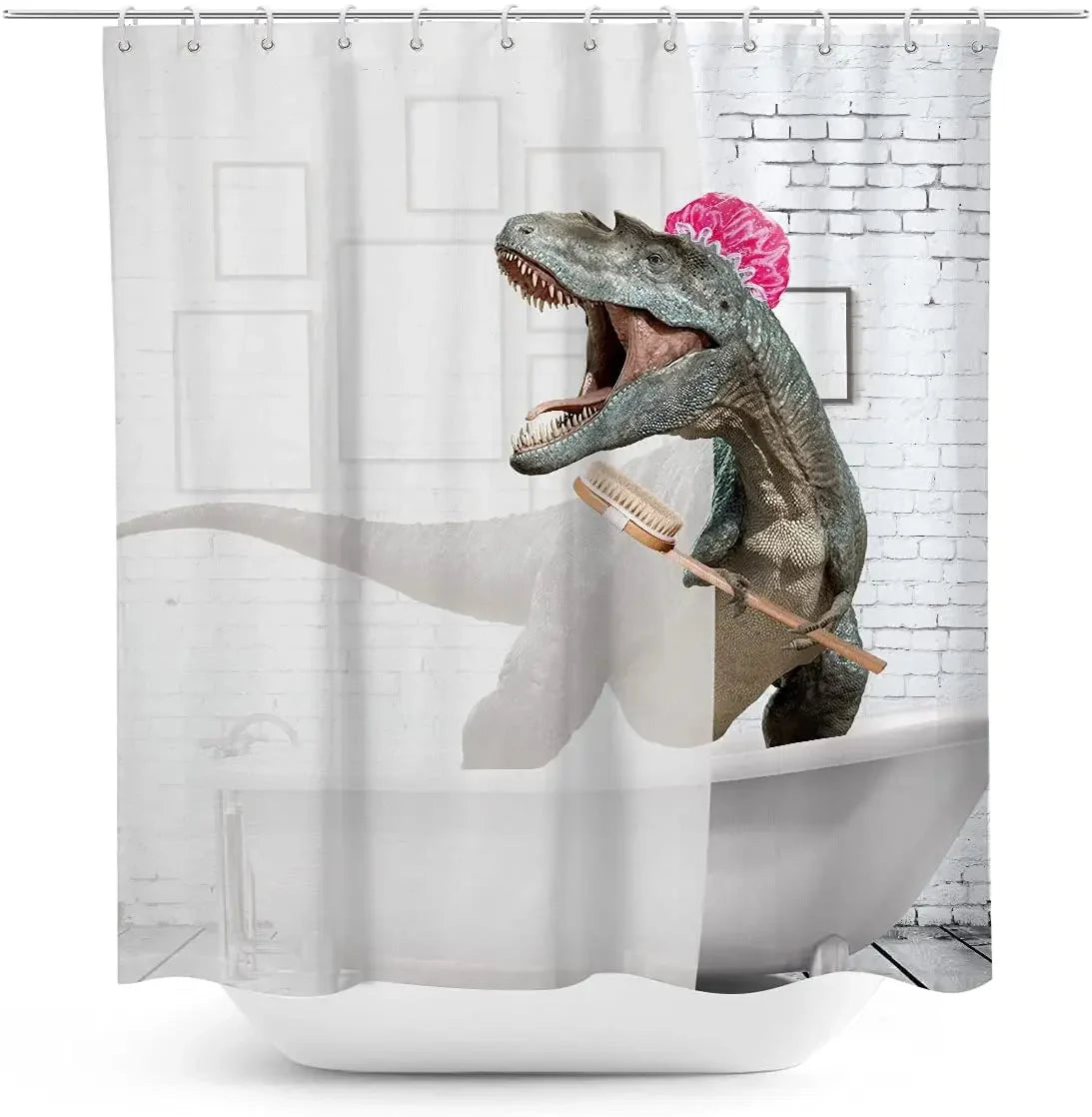 Funny Cat Riding a T-Rex Shower Curtain, Japanese Wave Decor