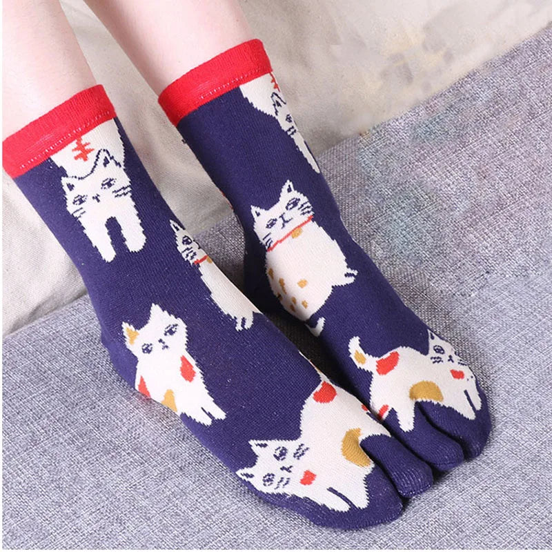 Cute Cat Tabi Socks 5 Pack, Two-Toe Socks for Flip-Flops