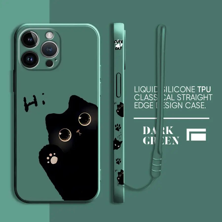 Peeking Black Cat Phone Case With Side Paw Print Design and Wrist Lanyard