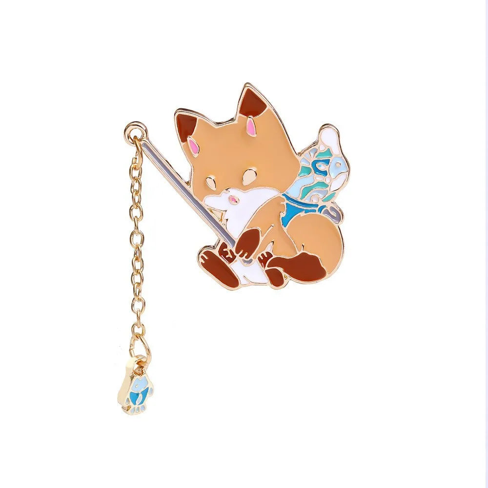 Cat Fishing Enamel Pin with Dangling Fish Charm, Cute Cat Brooch