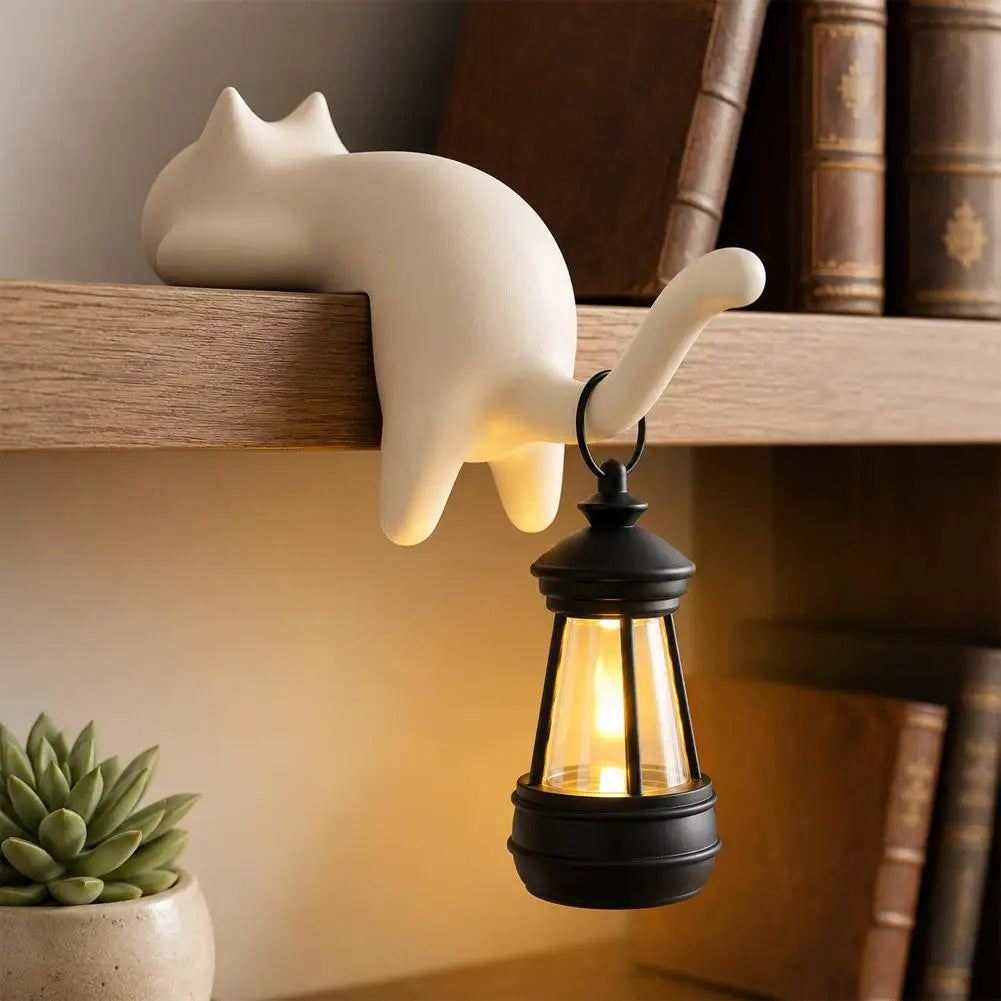 Black Cat Shelf Sitter With Lantern Light, Lounging Cat Night Lamp Decor