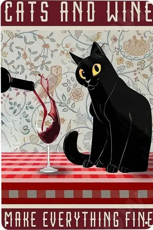 Cats and Wine Vintage Metal Sign, 8 x 12 Inch Bar Wall Decor