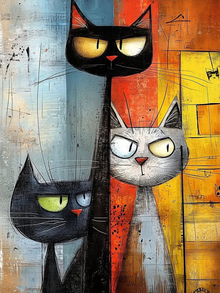 Geometric Cat Diamond Painting Kit, 5D Round Drill Wall Art