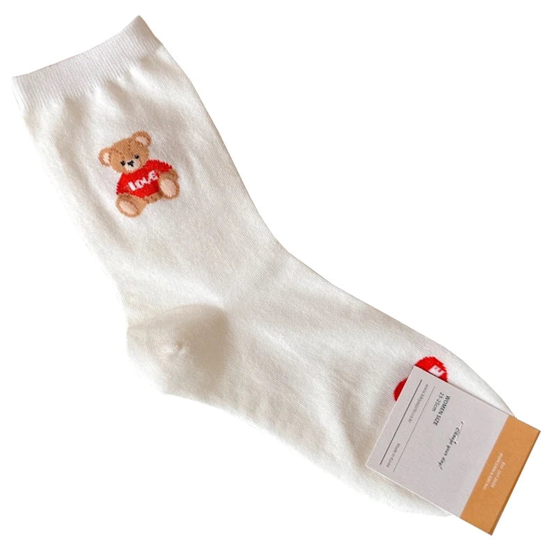 Cute Cartoon Bear Socks for Women, Cotton Blend Ankle Socks