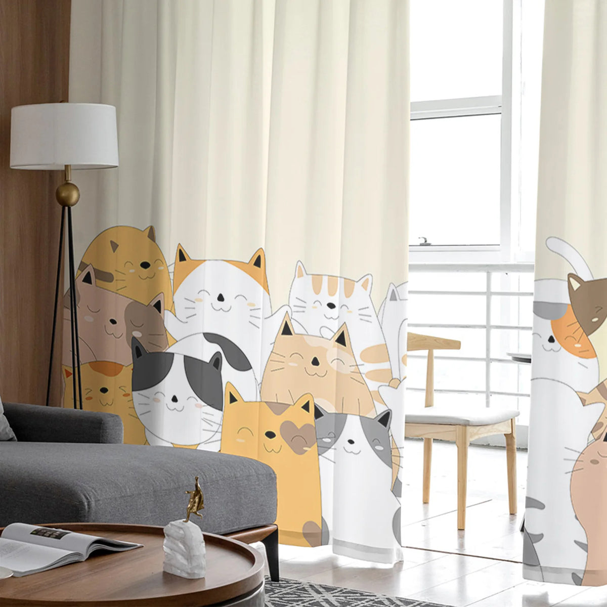 Cartoon Cat Sheer Curtains, Printed Voile Window Panels Set of 2