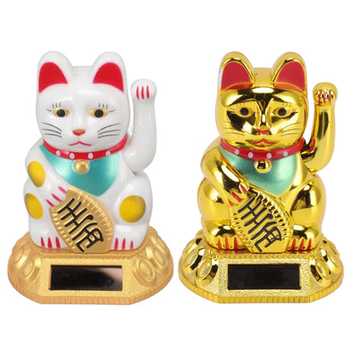 Solar Waving Lucky Cat Figurine, Mini Maneki-Neko in Gold or White
