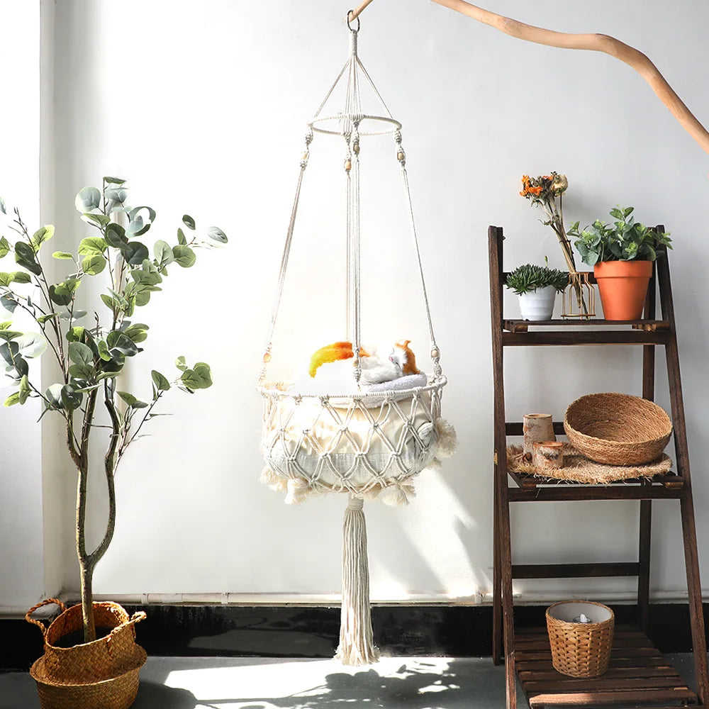 Hanging Macramé Cat Bed Basket with Woven Cotton Rope