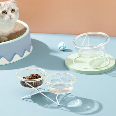 Clear Glass Cat Bowl on a White Iron Stand, Single or Double, Sizes S to L