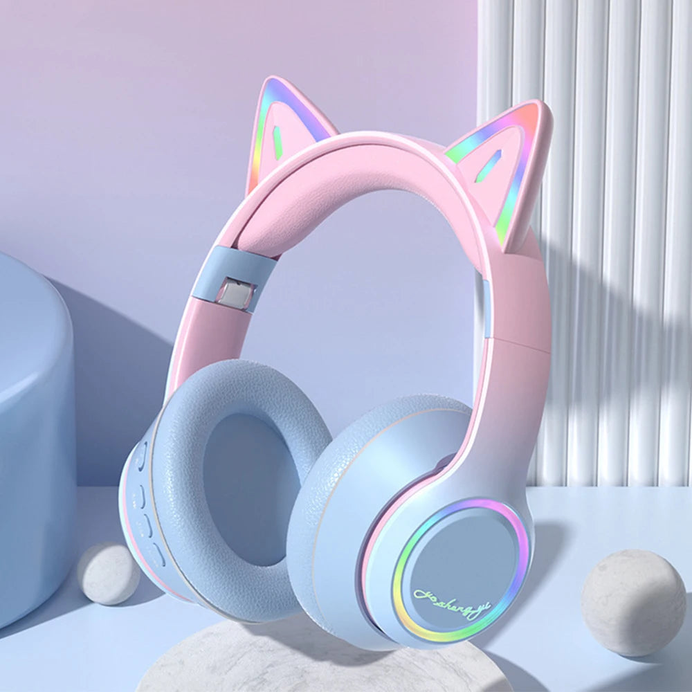 QearFun Cat Wallet Bluetooth Headphones – Cute Cat Ear Wireless Headset with 40mm Drivers, Mic, Foldable Design & LED Glow