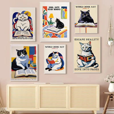 Black Cat Reading Books Canvas Print, Bookish Cat Wall Art for Reading Nooks