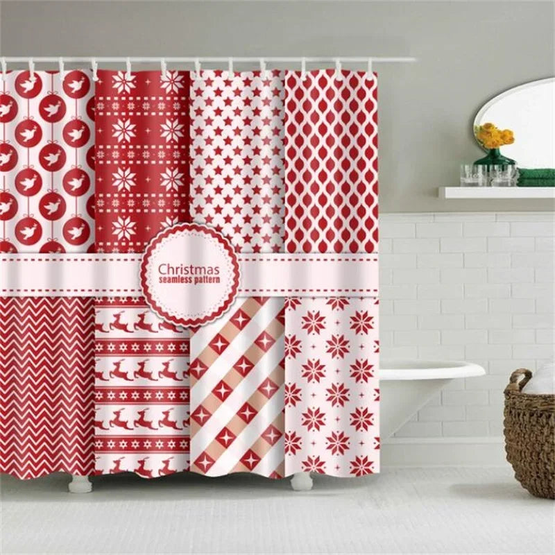 Christmas Shower Curtain with Snowman and Santa, Hooks Included