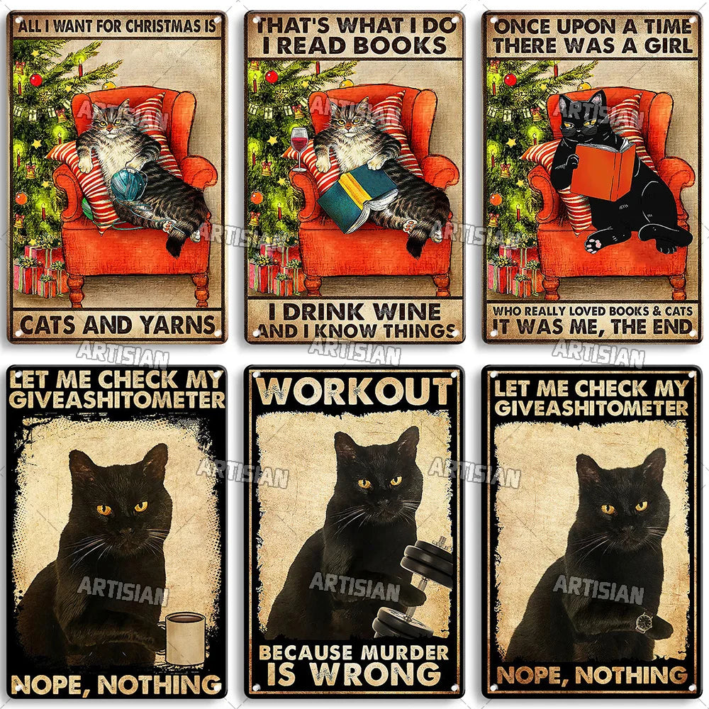 Black Cat Vintage Tin Plate, Horizontal Retro Wall Sign Gift