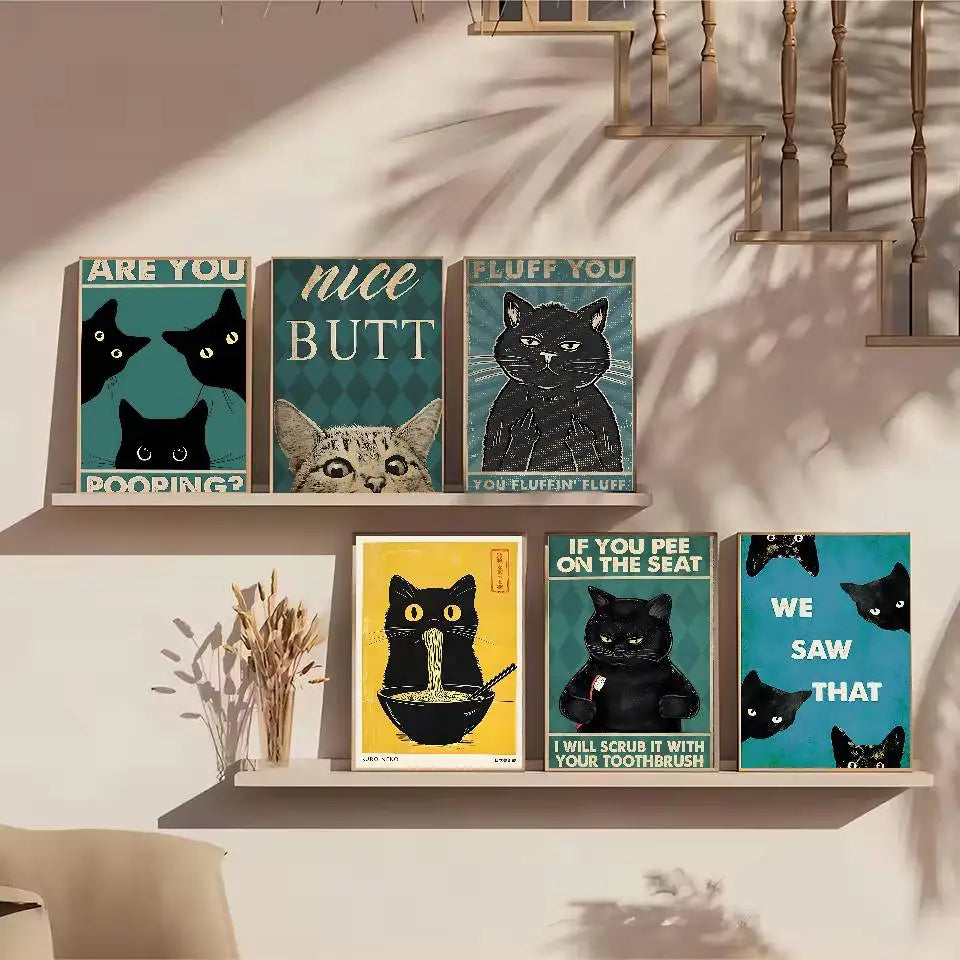 Self-Adhesive Black Cat Poster, Cute Peel and Stick Wall Art