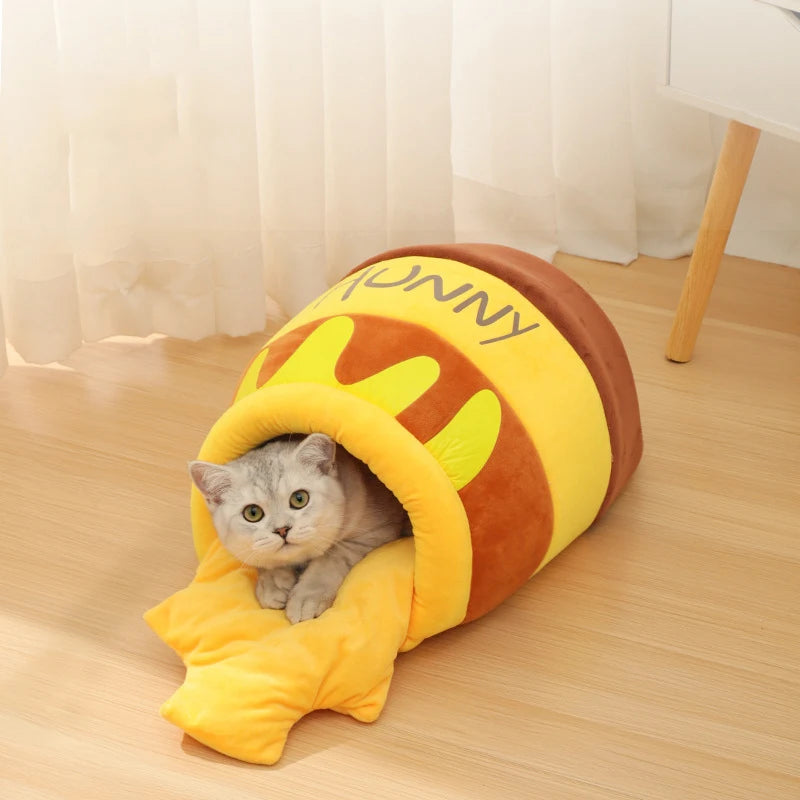 Honey Jar Cat Bed, Semi-Enclosed Cave with Soft Mat