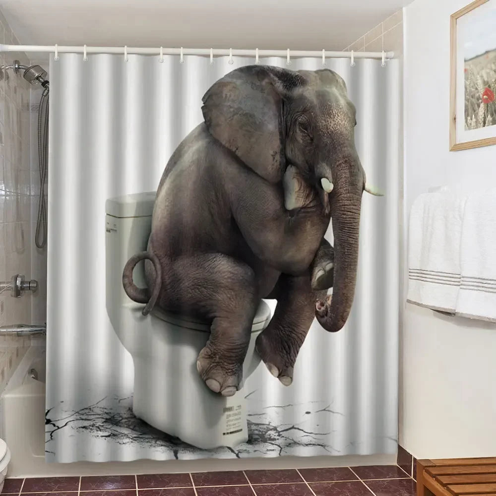 Cute Cat and Dinosaur Shower Curtain with 12 Hooks Included