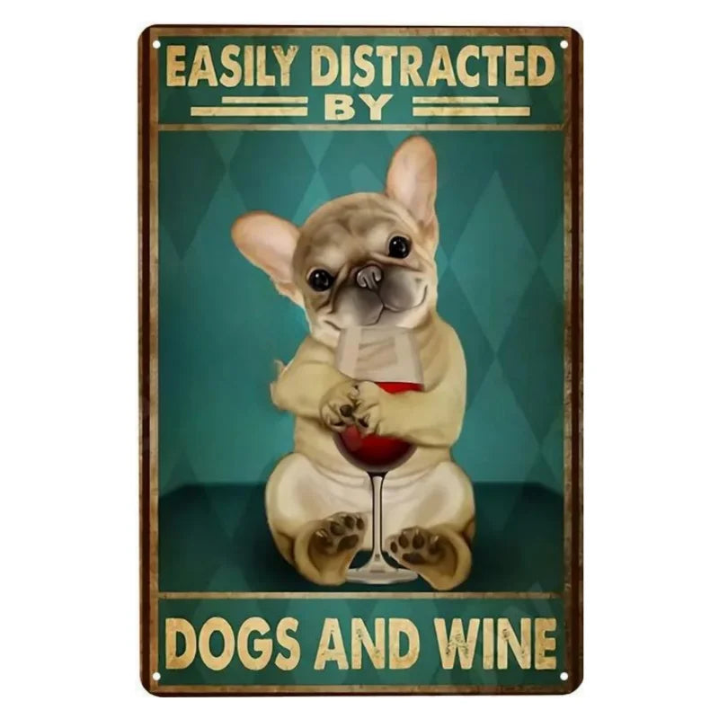 Cats and Wine Vintage Metal Sign, 8 x 12 Inch Bar Wall Decor