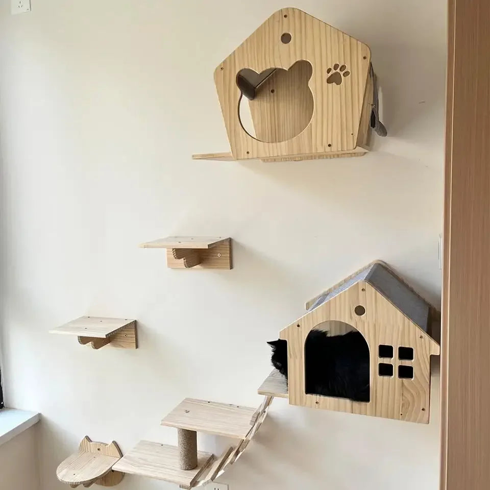 Wall-Mounted Cat Shelves and Climbing Set, Solid Wood Pieces to Mix and Match
