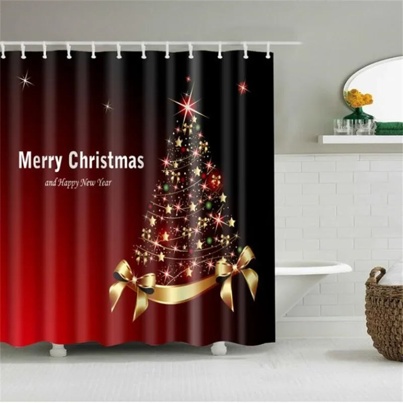 Christmas Shower Curtain with Snowman and Santa, Hooks Included