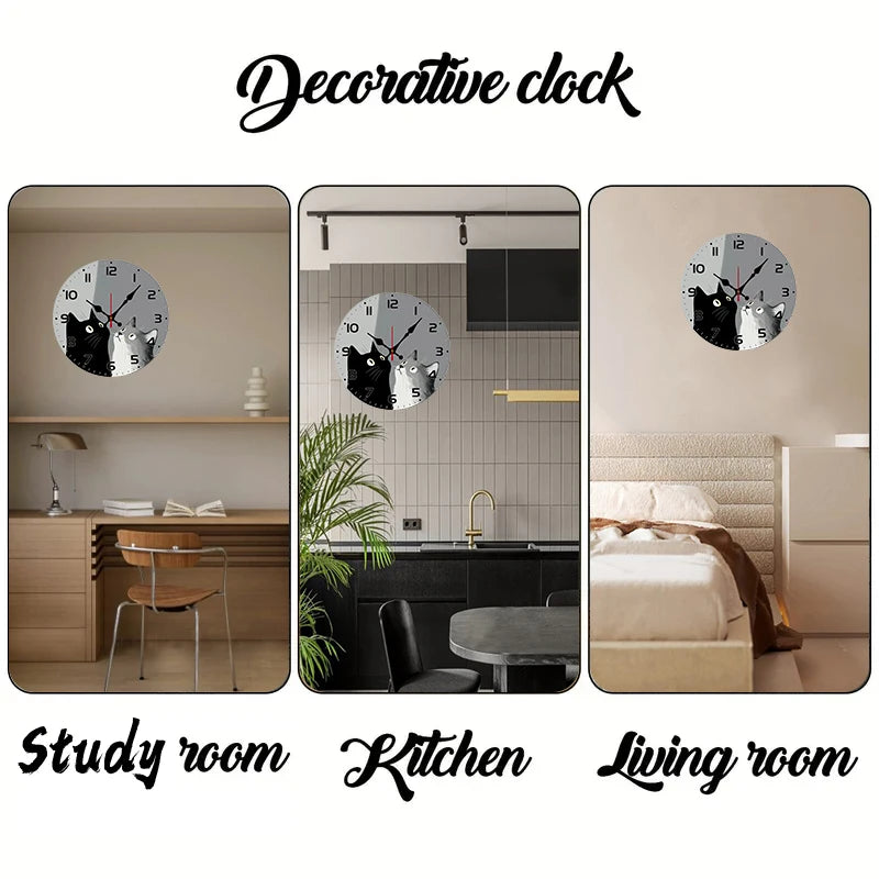 Two Cats Wall Clock, Black and Gray Cats Looking Up at the Time