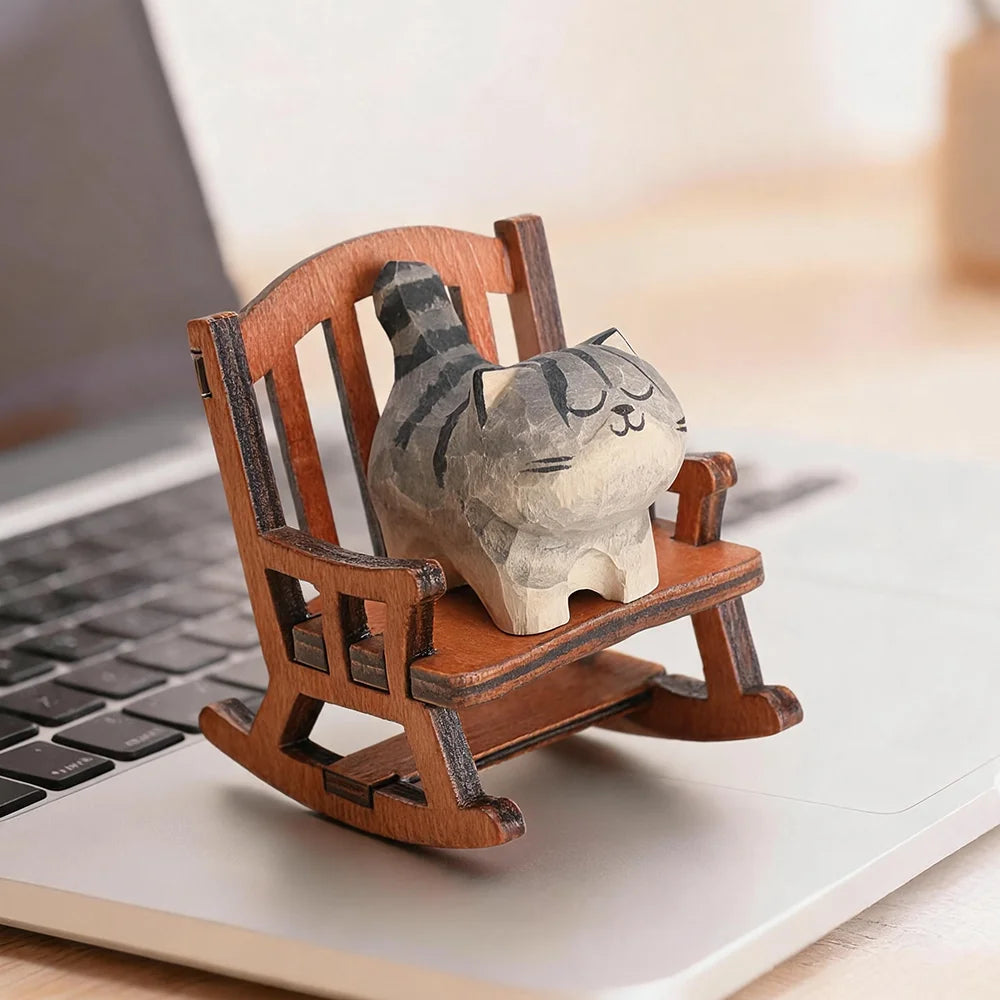 Hand-Carved Wooden Cat Figurine, 8 Breeds in Painted Basswood
