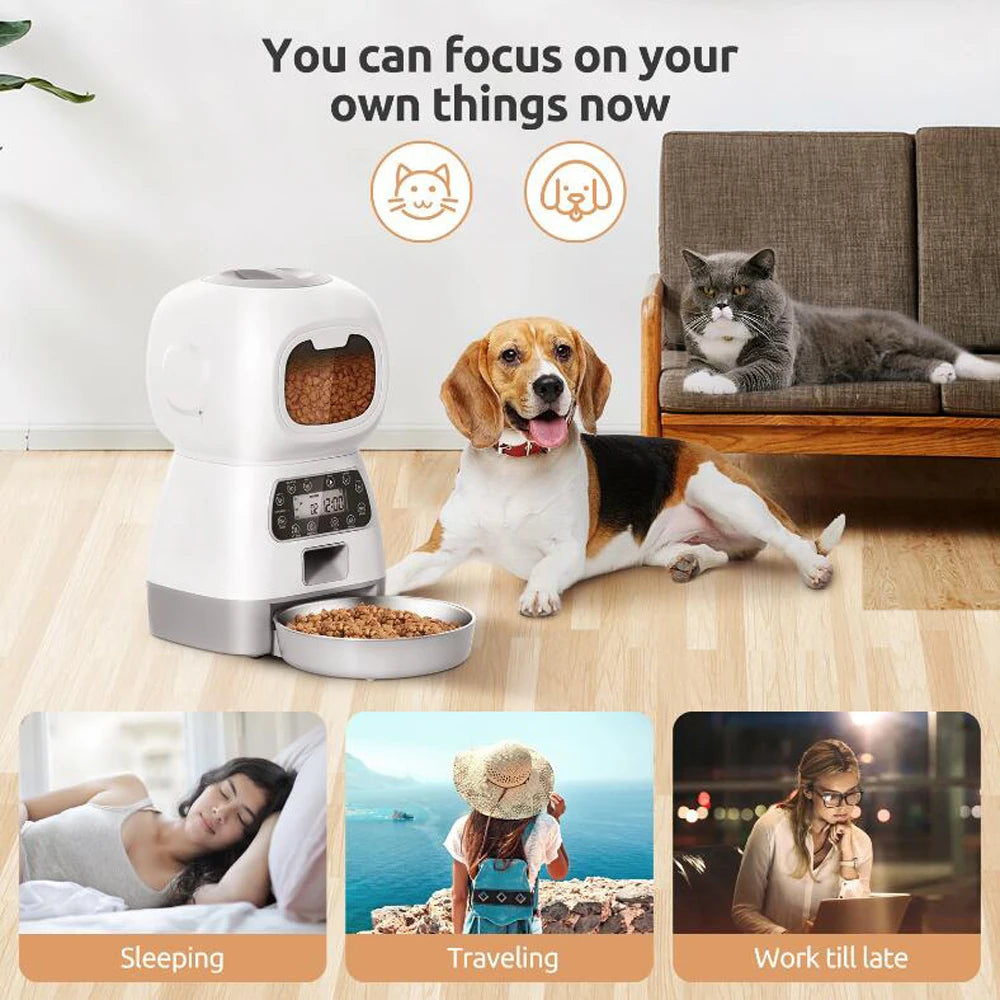 3.5L Automatic Cat Feeder With Timer, Stainless Steel Bowl and Voice Recorder