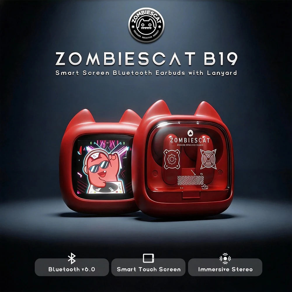 ZOMBIES CAT B19 Cat Wallet Bluetooth Earbuds – Mini TV Touchscreen Case, 13mm Drivers, ENC Mic & 30H Wireless Playtime