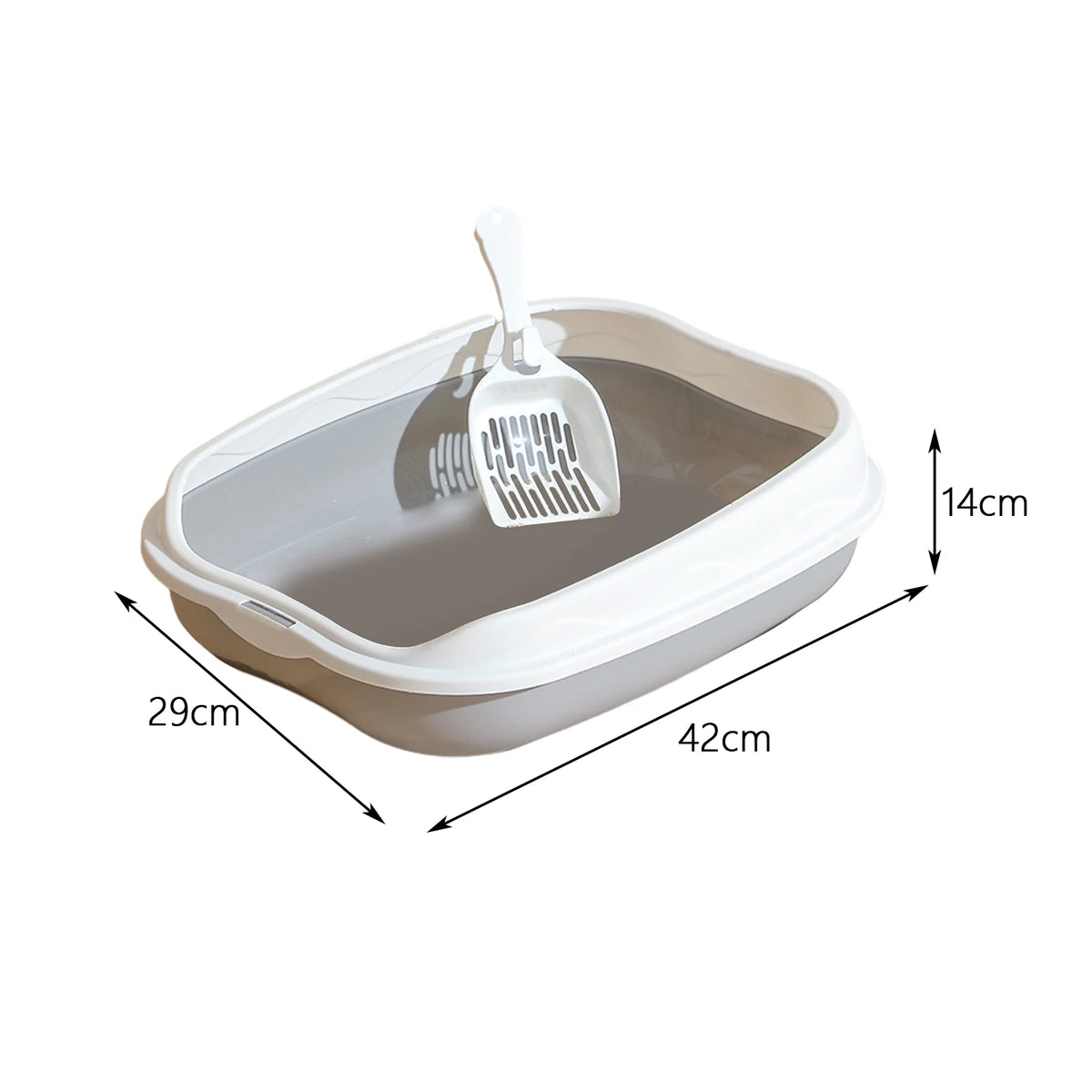 Semi-Open Cat Litter Box With Scoop Hook and Litter Step, Gray