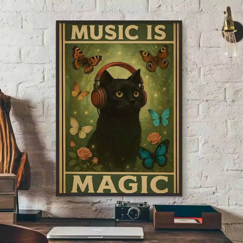 Self-Adhesive Black Cat Poster, Cute Peel and Stick Wall Art