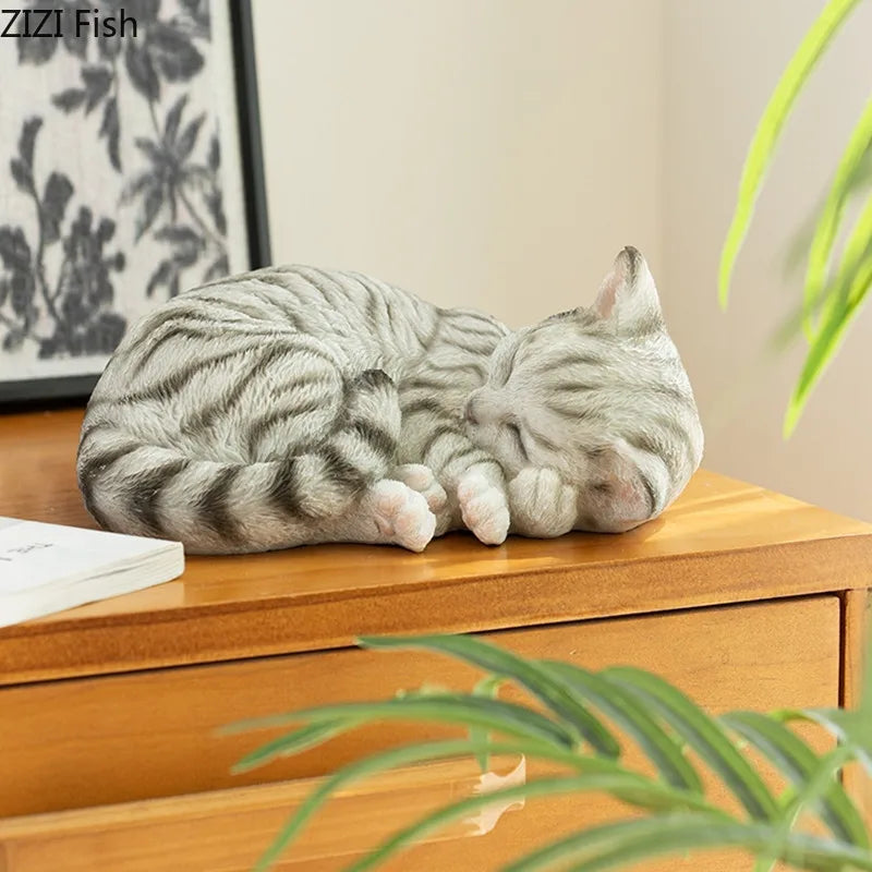 Lifelike Sleeping Cat Statue, Silver Tabby Resin Figurine 8 Inch