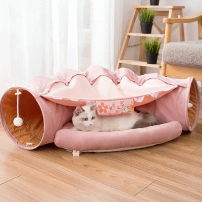 Cat Tunnel Bed with Center Mat and Hanging Pom-Pom Toys