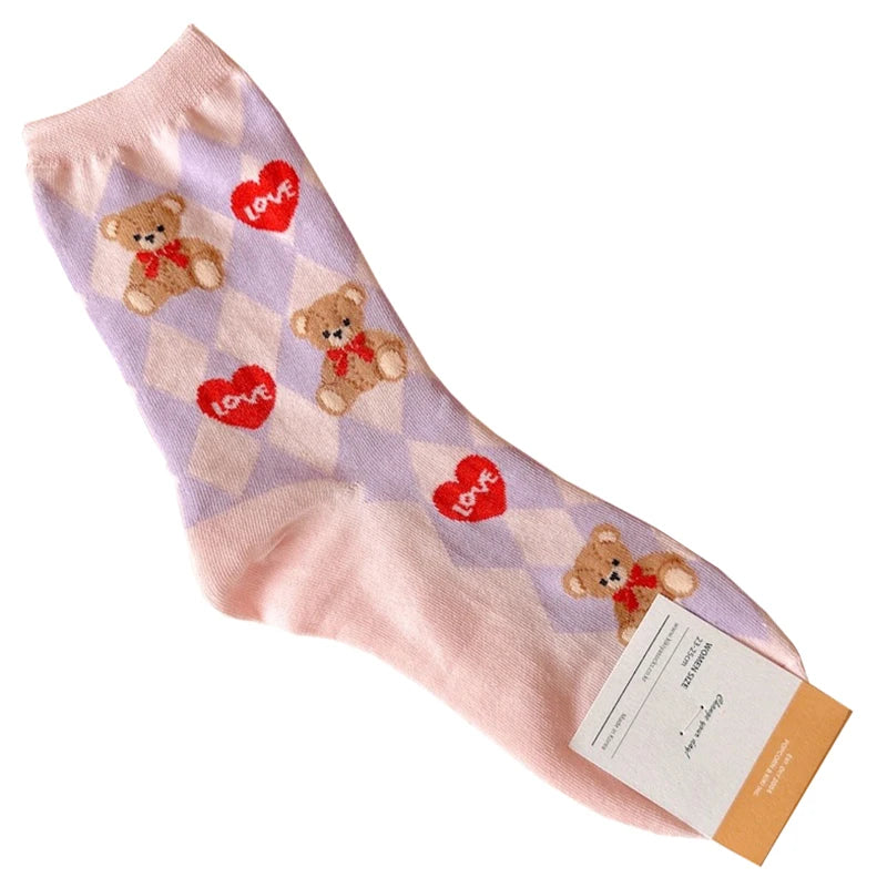 Cute Cartoon Bear Socks for Women, Cotton Blend Ankle Socks