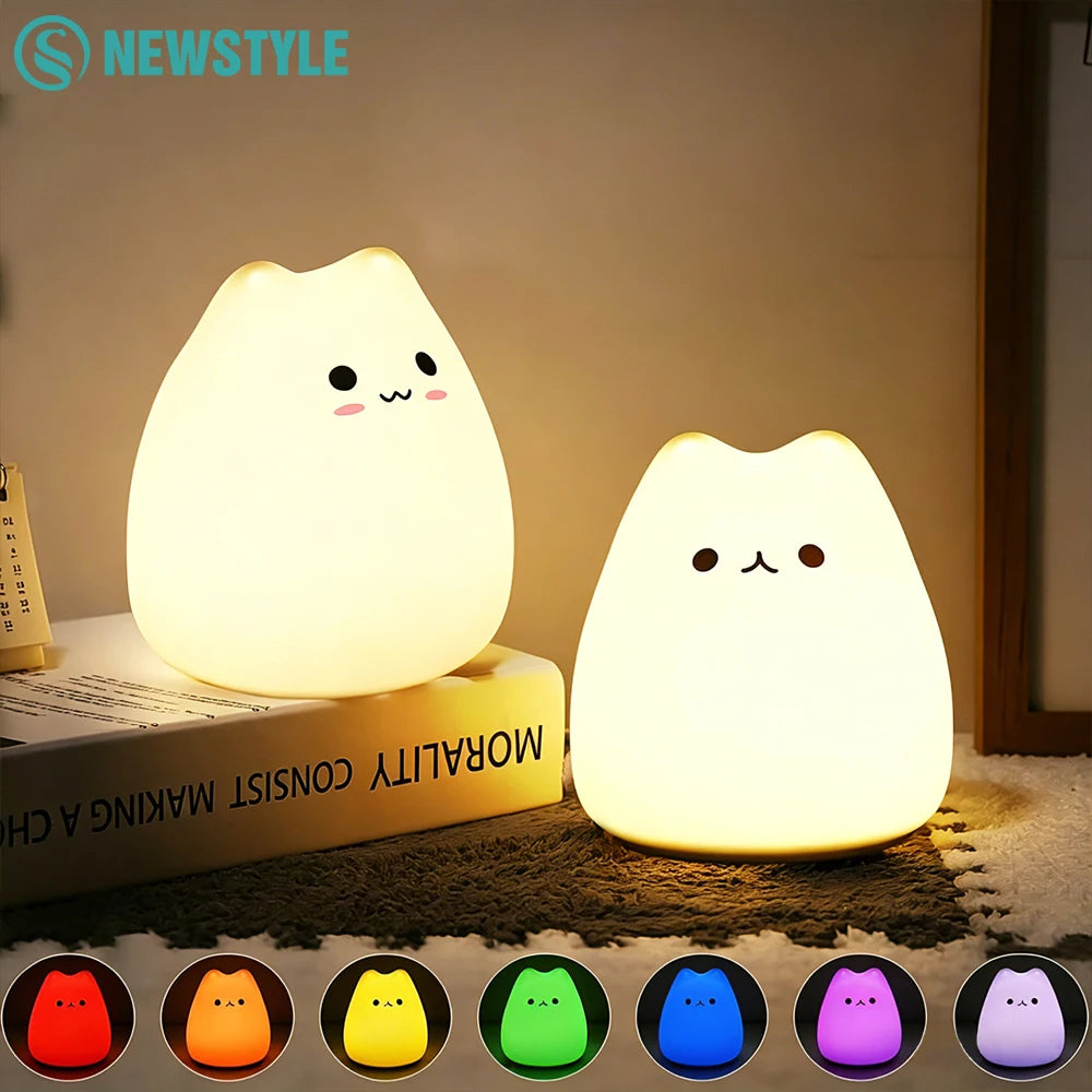Silicone Cat Night Light, Tap-to-Change 7-Color and Warm White Lamp