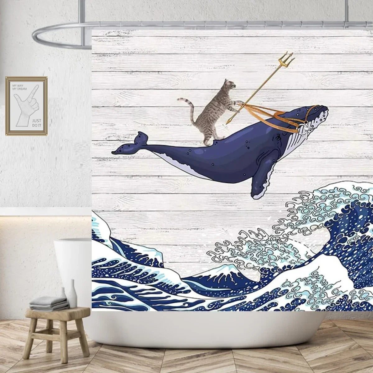Cute Cat and Dinosaur Shower Curtain with 12 Hooks Included
