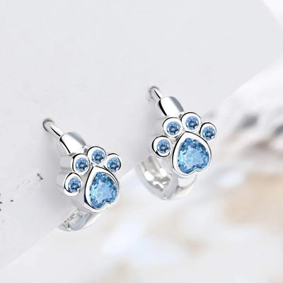 Blue Cat Paw Huggie Hoop Earrings, Heart-Shaped Toe Bean Pad, Silver Tone