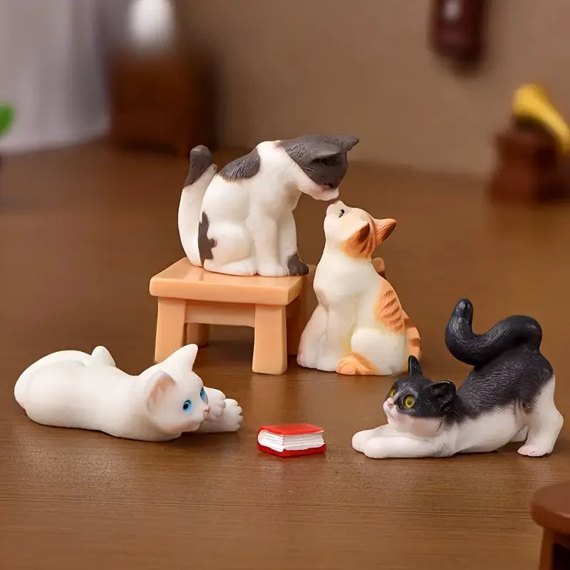 6-Piece Miniature Cat Figurine Set with Stool and Book, Resin