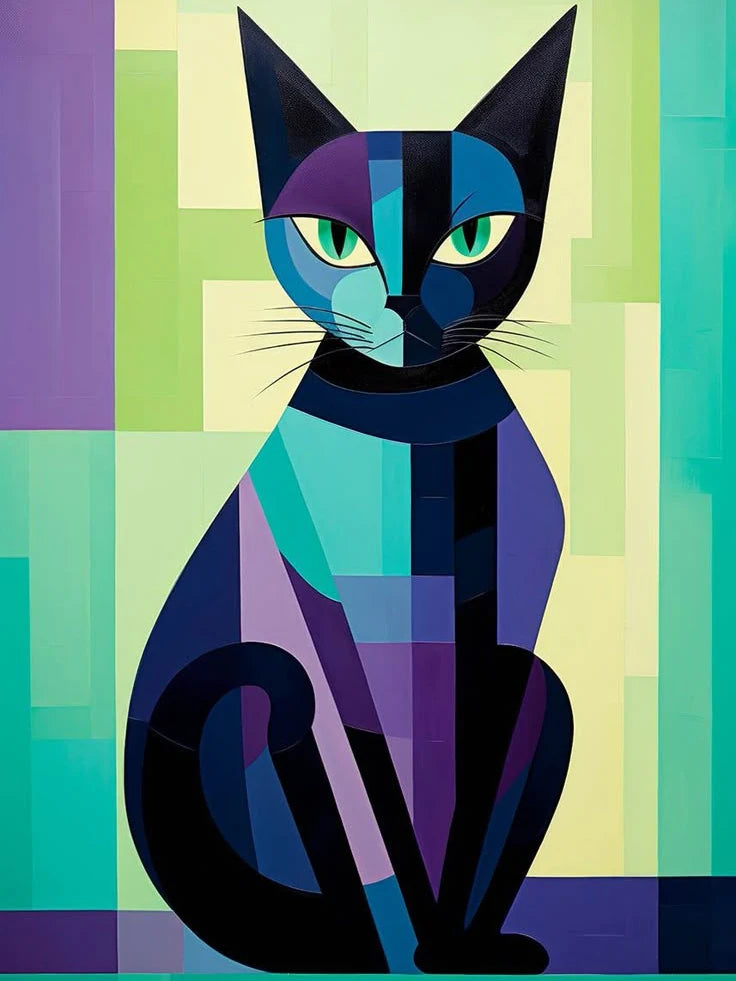 Geometric Cat Diamond Painting Kit, 5D Round Drill Wall Art