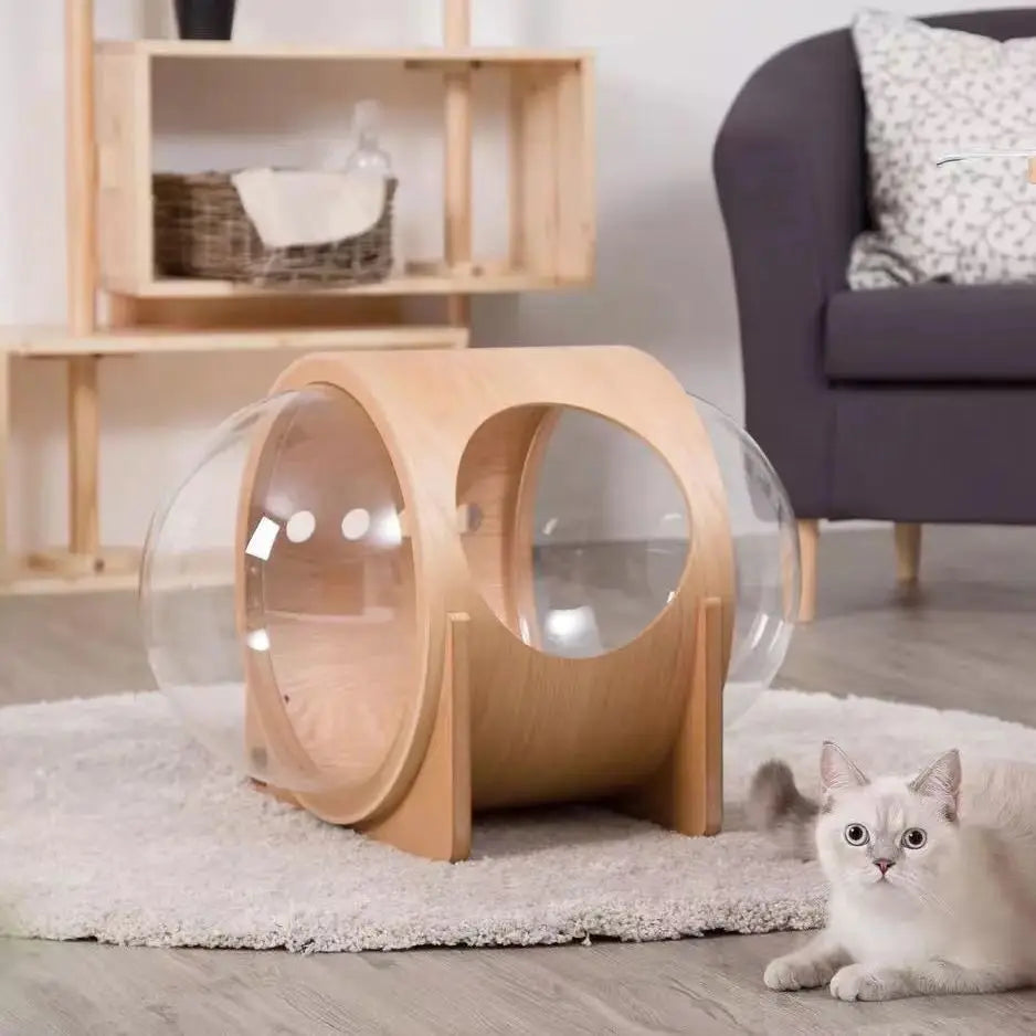 Space Capsule Cat Bed with Clear Dome and Scratching Post