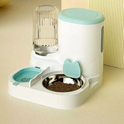 2-in-1 Gravity Cat Feeder and Water Dispenser Station, Ribbed Bottle and Covered Food Hopper