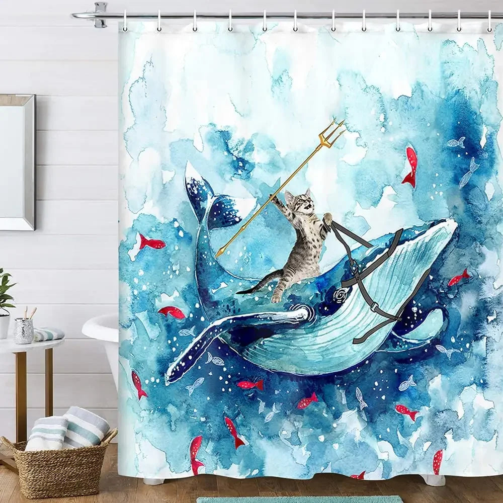 Funny Cat Riding a T-Rex Shower Curtain, Japanese Wave Decor