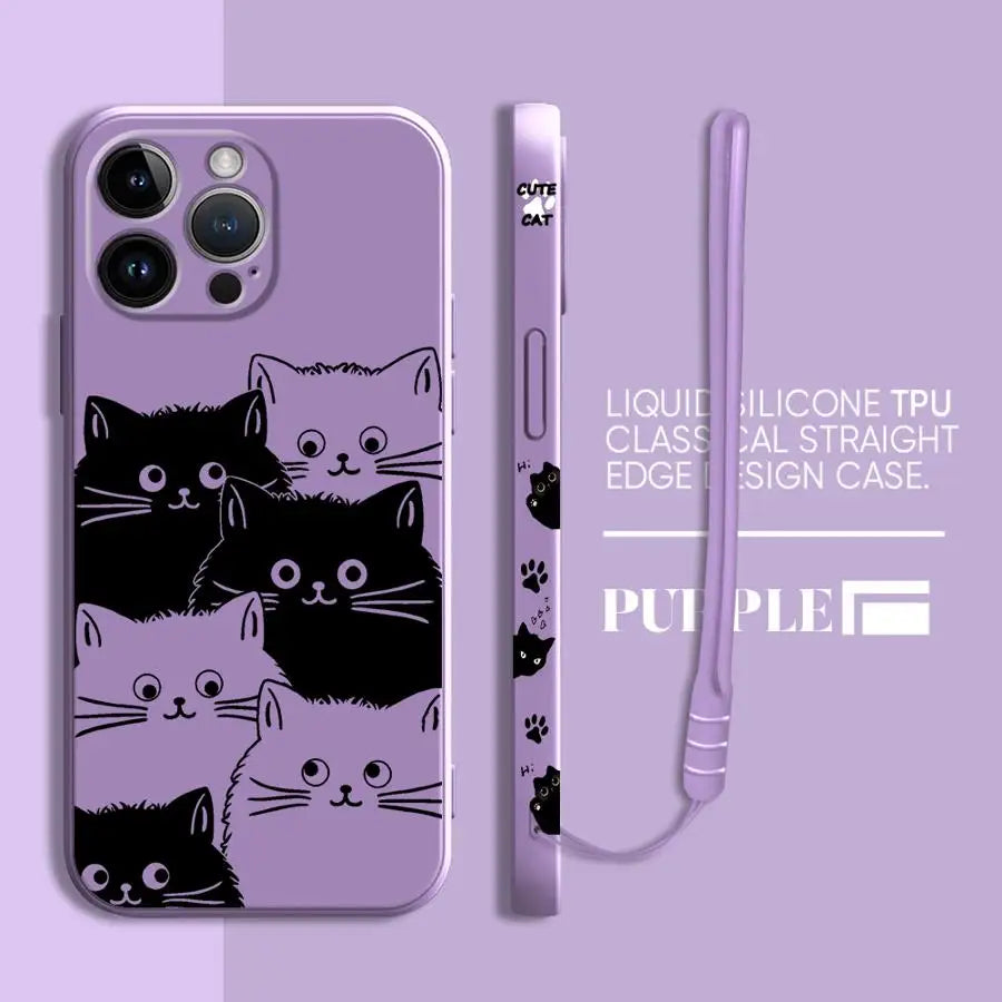 Peeking Black Cat Phone Case With Side Paw Print Design and Wrist Lanyard