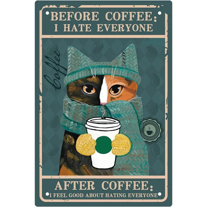 Coffee Cat Tin Sign, Retro Metal Kitchen and Cafe Wall Decor