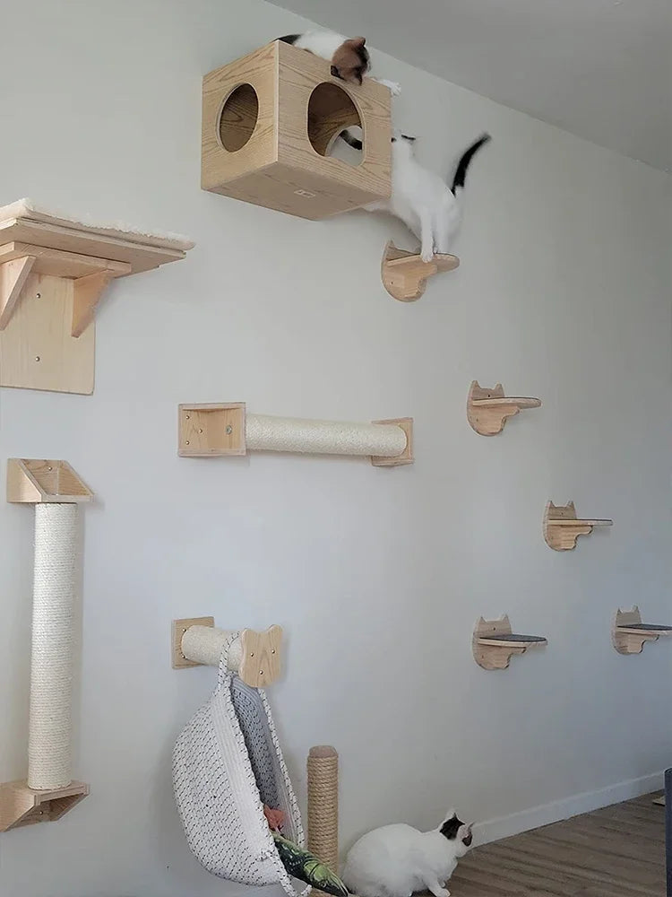 Wall-Mounted Cat Climbing Shelf Set with Bridge and Hammock